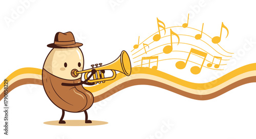A Musical Cashew Plays Trumpet Amid Notes, Whimsical and Artistic Illustration Style