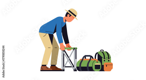 A Person Organizing Camping Gear, Preparing For A Leisurely Outdoor Adventure, Ready To Go