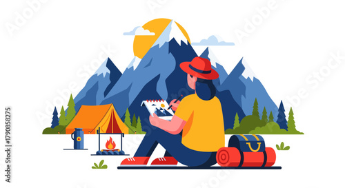 A Person Painting Scenic Outdoors and Camping in The Mountains at Sunset or Sunrise