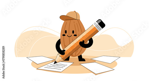 A Nut Character Writing on Paper with Pencil with a Cheerful Expression