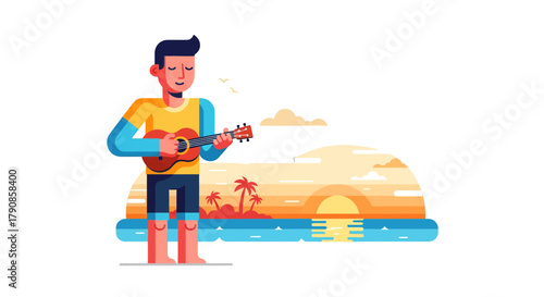 A Person Playing Ukulele At Sunset Depicted In An Attractive Flat Vector Style
