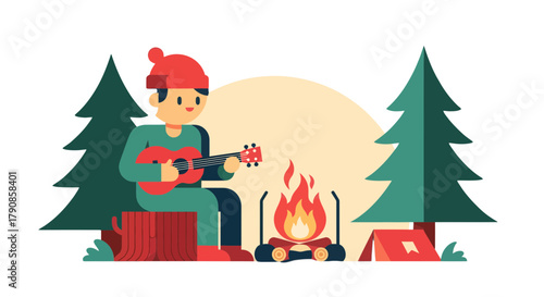 A Person Plays Guitar by a Campfire Under the Moonlight in the Woods