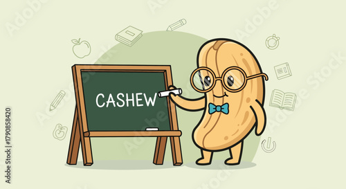 A Nutty Professor Character Teaching The Word Cashew With Blackboard and Doodle Elements