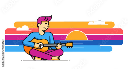 A Person Plays Guitar at Sunset with Bold Colors and a Minimalist Design
