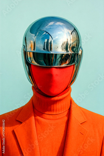 Futuristic portrait with chrome helmet and red suit – abstract sci-fi fashion concept blending technology and identity