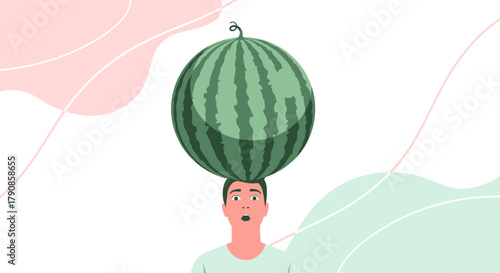 A Person Balancing A Watermelon On His Head With An Expression Of Surprise