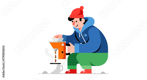 A Person Brewing Coffee With An Appliance Into A Mug In A Simplified Illustration