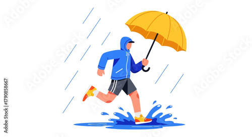 A Person Runs In The Rain While Holding A Yellow Umbrella And Staying Dry