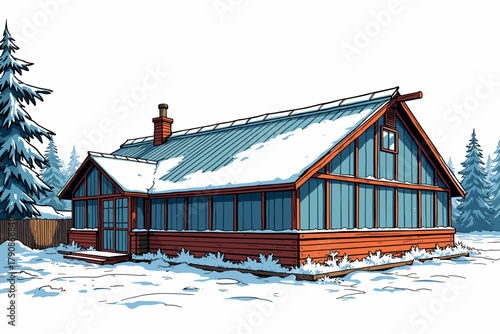Snow-covered greenhouse surrounded by winter trees
