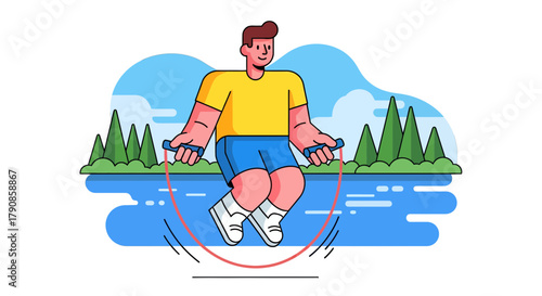 A Person Skipping Rope Outside by River and Hills in a Colorful Cartoon Illustration