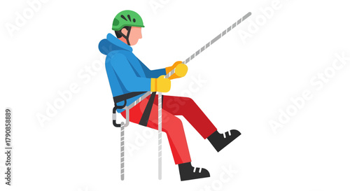 A Person Climbing Down a Rope Prepared for the Descent, Illustration in Vector Style
