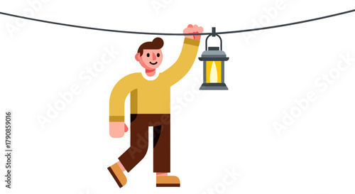 A Person Walks With a Lantern Along a Rope in a Darkened Area