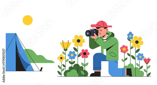 A Photographer Captures Nature's Beauty Amidst Vivid Blooming Flowers and Evening Moon