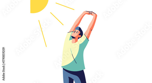 A Person Enjoys Sunlight, Stretching Under the Shining Sun, with Black Background