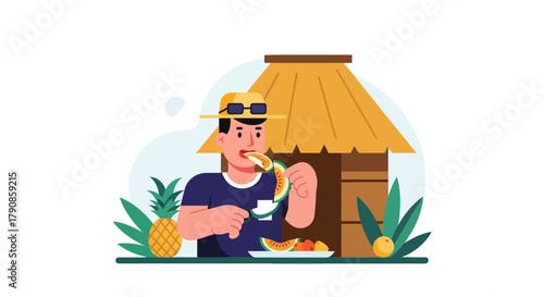 A Person Enjoying Tropical Fruit and Relaxation Near a Hut on Holiday