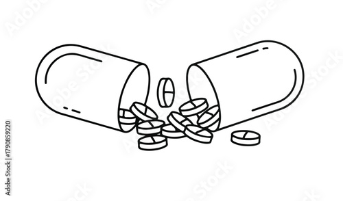 Open capsule spilling out pills and tablets line art illustration