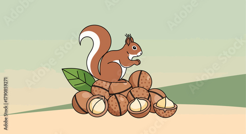 A Playful Squirrel Beside a Pile Of Nuts: A Delightful Cartoon Illustration