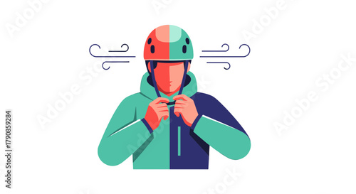 A Person Fastening Hooded Jacket and Helmet Against Dark Background Illustration