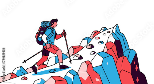 A Person Hiking Up A Geometric Mountain With A Backpack Silhouette