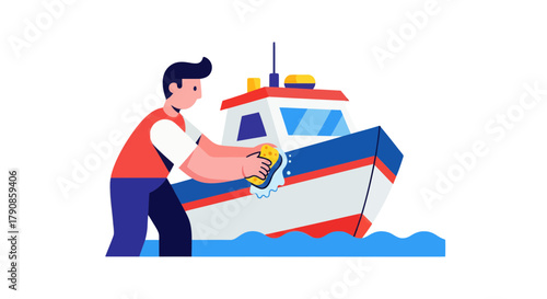 A Sailor Cleaning Boat: Ensuring Maintenance and Safety with Diligent Actions.