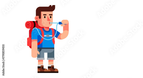 A Person Hiking Whistling with Backpacking Gear on a Black Backdrop