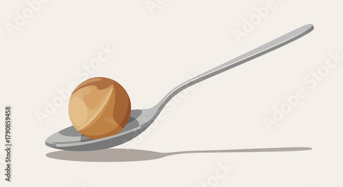 A Single Brown Sphere Resting On Spoon, Simple Conceptual Representation in Vector Style