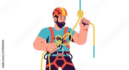 A Person Is Climbing A Rope, Wearing Harness, Illustrative Style, Black Background