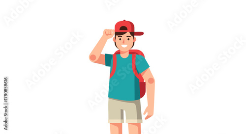 A Smiling Boy With Backpack Adjusting Cap During Outdoor Excursion Adventure