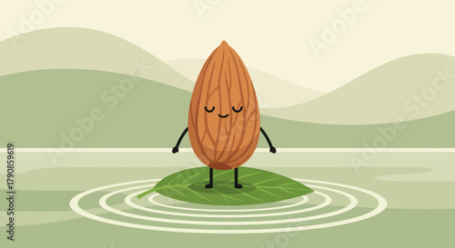 A Smiling Almond Nut Standing on a Leaf, Floating on Water, Peaceful Scene