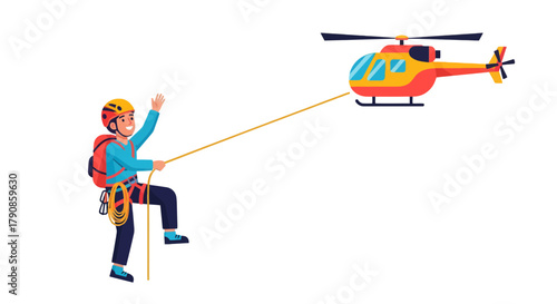 A Person Is Climbing Toward A Helicopter For Rescue Operation In A Flat Illustration