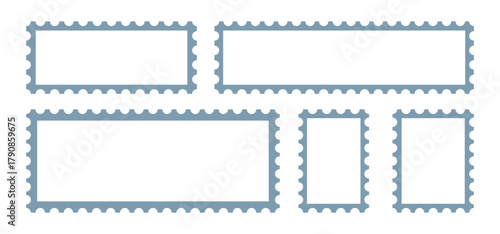 Postage stamp borders vector. ost stamp frame and border. Grey square and rectangular template for mail, postcard, letter. Jagged wavy edge forms. Vintage objects for poster
