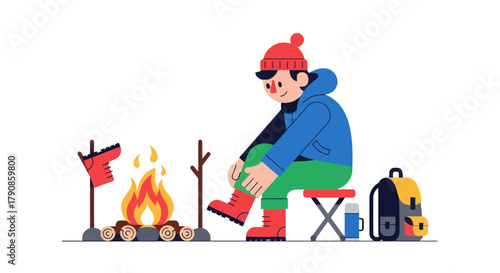 A Person Is Sitting Near Campfire, Preparing For Enjoyable Winter Hiking, Illustration