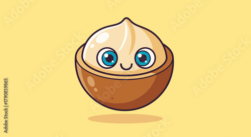 A Smiling Macadamia Nut Cartoon Character with Charming Blue Eyes and Happy Expression