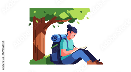 A Person Meditates Serene, Writing Under a Shady Tree in the Forest, Peaceful Scene