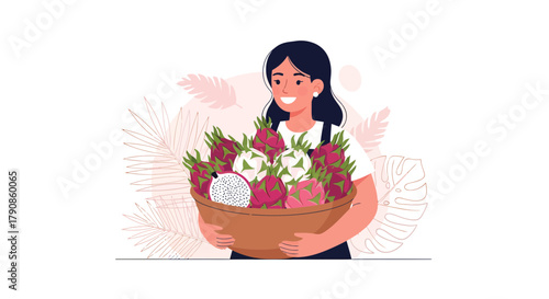A Smiling Woman Holds a Bowl Overfilled With Dragon Fruit Against Floral Background