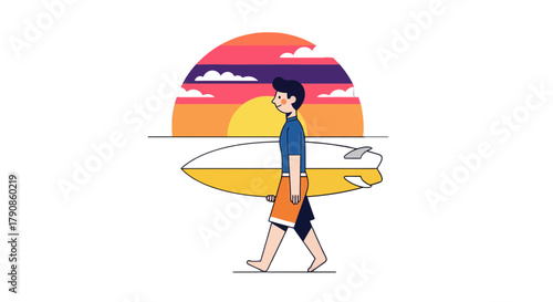 A Surfer Walking With His Surfboard At The Beach during Sunset or Sunrise