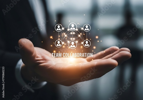 A hand holds a glowing hologram of team collaboration, representing teamwork, communication, and networking in the modern business environment for success