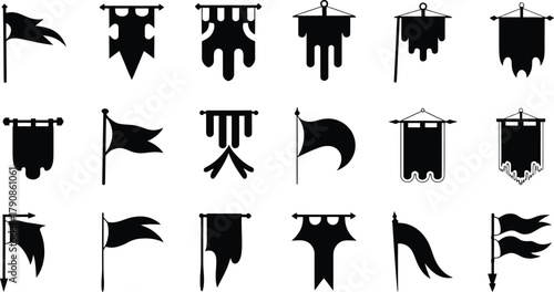 Medieval Flag and Banner Silhouettes Set, Vintage Heraldic Vector Icons Collection