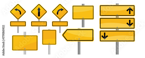 Set of yellow traffic warning signs for road safety. Blank yellow road sign set Realistic yellow road sign set vector illustration.