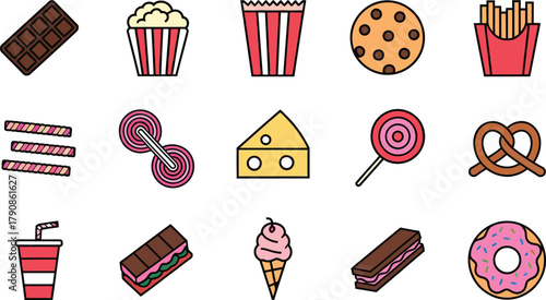Colourful Snack Food Icon Set | Cartoon Fast Food and Sweet Treats Vector Collection