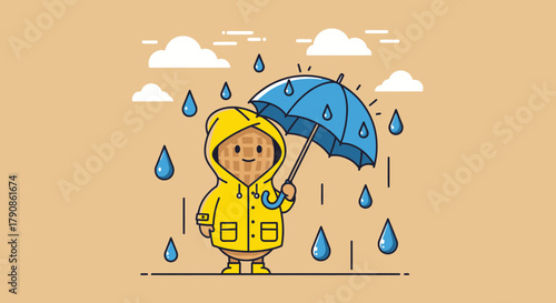 A Waffle Character Bravely Battling The Downpour With An Adorable Blue Umbrella