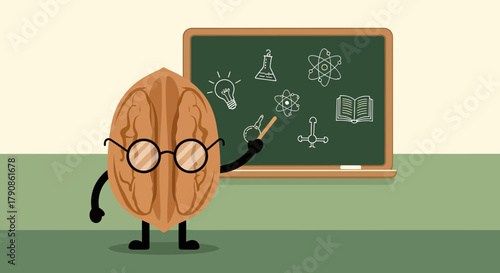 A Walnut With Glasses Teaching Science Lessons at the Blackboard, Illustrative Cartoon