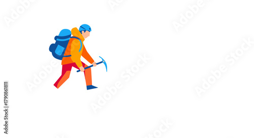 Adventurer Ascending A Mountain, Climbing With A Pickaxe, Flat Vector Illustration