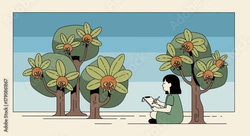 A Young Artist Intently Sketches Botanical Wonders Amidst Unusual Flora and Serene Environment