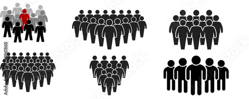 A collection of six different pictograms representing groups of people, with one icon highlighting an individual in red.