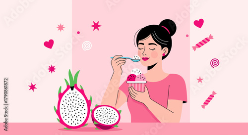 A Woman Savors Delicious Ice Cream with Dragon Fruit in Delightful Pastel Tones