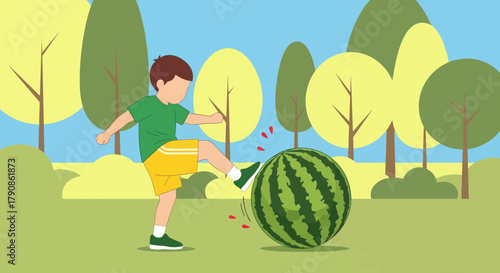 A Young Boy Kicks A Watermelon Mid-Air In Park During A Fun Sunny Day