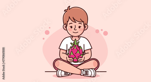 A Young Boy Holds a Dragon Fruit, Smiling and Joyfully Presenting It