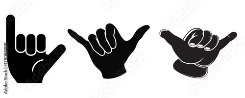 A set of three black shaka hand gesture icons, also known as the hang loose sign, depicted in various graphic styles on a white background.