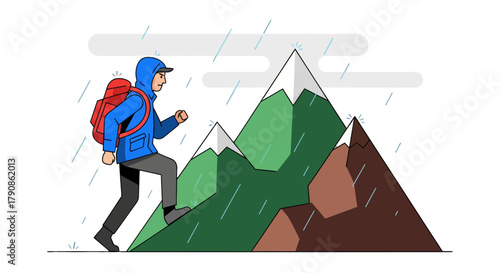 Adventurer Ascending Mountain Peaks Amidst Rainfall, Illustrated Scene Against Black Background